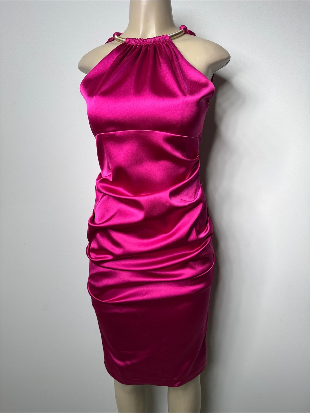 Cache Satin Halter Midi Dress in Hot Pink